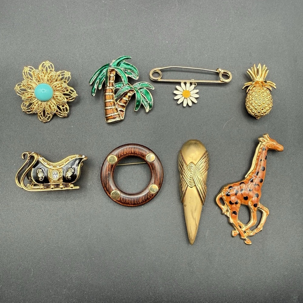 Lot of 8 Vintage Pins Brooches Gold Tone Animal Floral Tropical Enamel Sleigh
